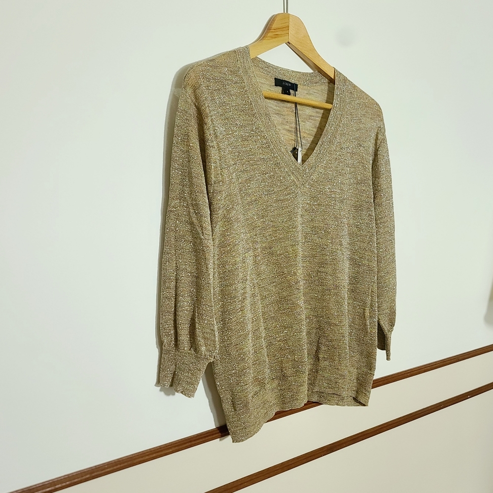 JCrew; Metalic Gold Knit V-neck Longsleeve Sweater Top